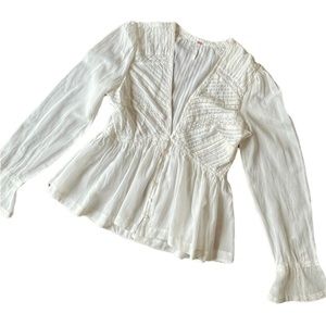 Free People White Lace Flounce Peplum Pleated Button Blouse, Long Sleeve, 12